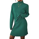 Pink Queen 2026 Women's 2 Piece Sweater Outfits Set Long Sleeve High Neck Top Pleated Mini Skirt Ribbed Knit