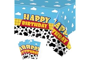 RAGNHILD 3 Pack Cartoon Story Birthday Party Supplies Cow Pattern Printed Table Cover Blue Sky and White Cloud Tablecloths Cow Birthday Party Decoration for Boy Girl Kid Birthday Party Decor 54 x 108 inch