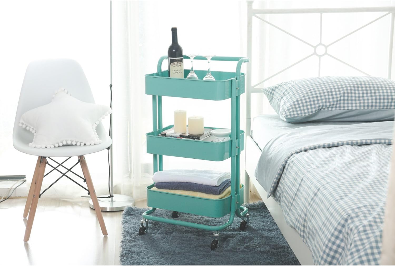 HollyHOME 3-Tier Metal Utility Service Cart Rolling Storage Shelves with Handles, Blue Storage Utility Cart : Office Products