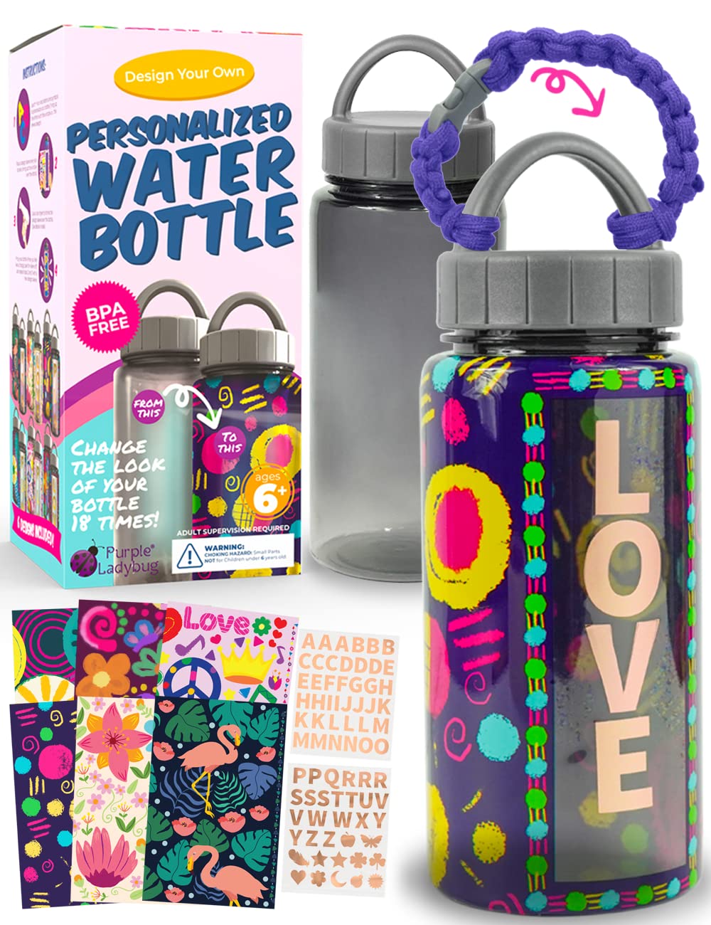 PURPLE LADYBUG Decorate Your Own Water Bottle for Kids with 6 Unique Shrink Wrap Designs – Great 9 Year Old Girl Gifts, Birthday Gifts for 12 Year Olds Girls, Creative Gifts for Girls Ages 6 7 8 10+
