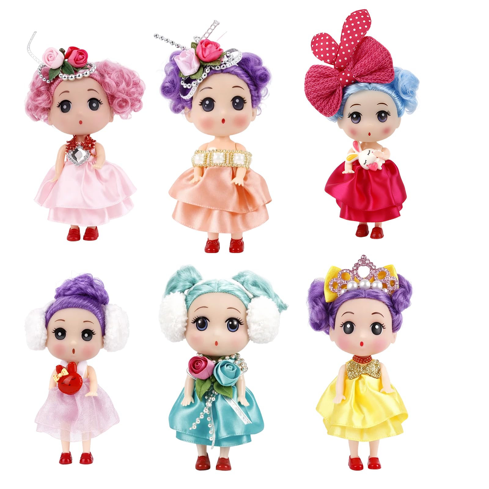QiiWuic Mini Dolls, Small Dolls for Girls, Princess Toys for Imaginative Play, 6-Pack Vinyl Dolls Measuring 12cm, Ideal for Tea Parties and Storytelling Activities
