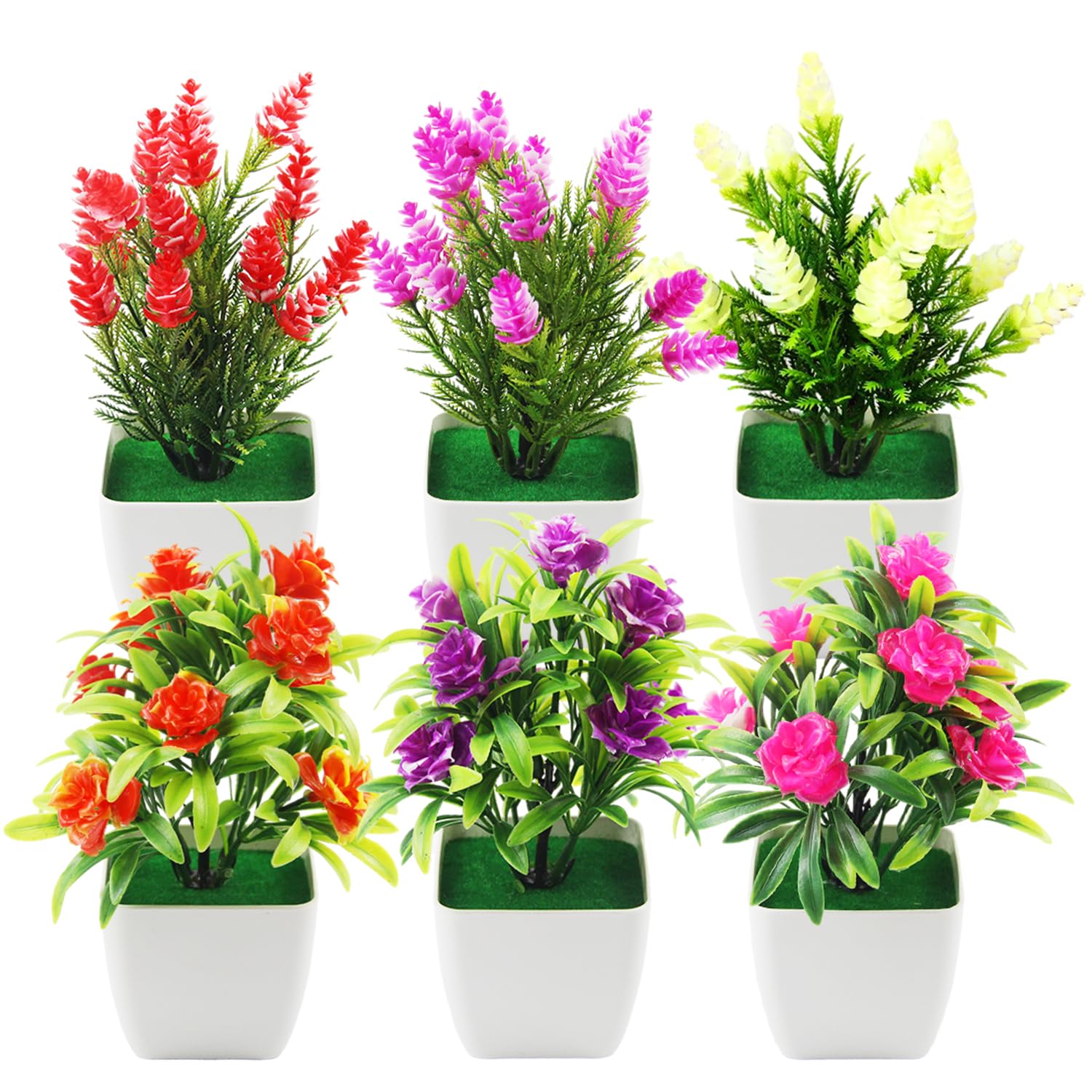 JINXIAN 6 pcs Artificial Plants Artificial Flowers in Pots 7.08 Inches Tall Artificial Mini Potted Flowers Fake Plants for Home Office Area Restaurant Outdoor Indoor Deco