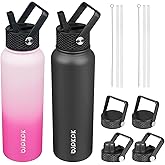 BJPKPK 2 Pack Insulated Water Bottles with Straw Lids, 40oz Stainless Steel Metal Water Bottle with 6 Lids, Leak Proof BPA Free Jugs, Cups, Flasks for Travel, Sports (Cherry+Black)