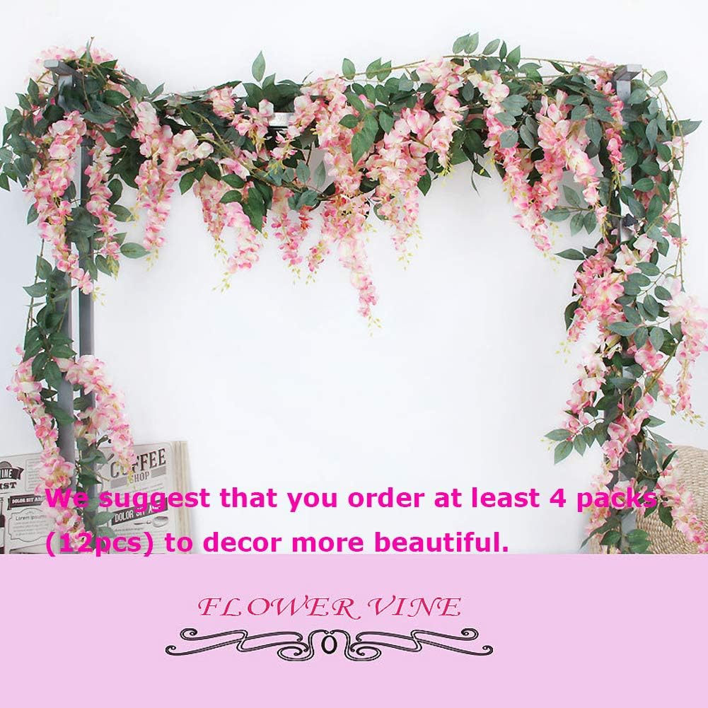 LESHABAYER 5.6 Feet/pcs Artificial Silk Wisteria Vine Rattan Hanging Flower Garland Ivy Plants for Outdoor Wedding Party Home Garden Wall Decoration,Pack of 4 (Pink) - Image 3