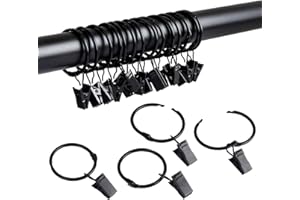 SPLF 36 Pack Metal Openable Curtain Rings with Clips, 1.22 Inch Interior Diameter, Fits up to 1 Inch Rod, Heavy Duty Rustproof Vintage Decorative Drapery Eyelet Curtain Rods Hangers Rings, Black