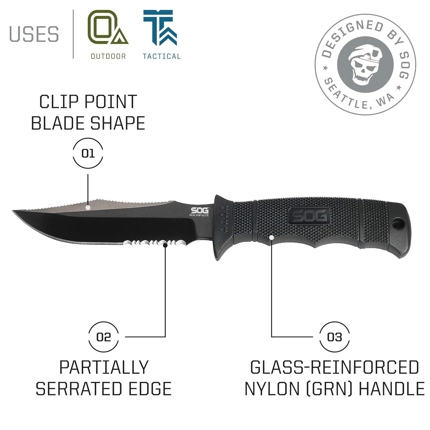 SOG Survival Knife with Sheath SEAL Pup Elite Fixed Blade Tactical