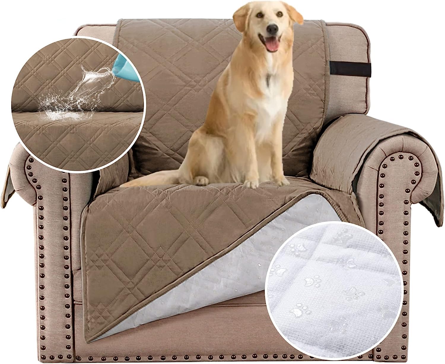 BellaHills 100% Waterproof Chair Covers for Living Room Armchair Covers for Dogs/Pets Leather Couch Cover Furniture Chair Protector with Non-Slip Strap,Machine Washable (Chair 21", Taupe)