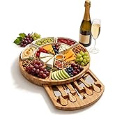 ZENFUN 13 Inch Bamboo Cheese Board and Knife Set, Round Charcuterie Boards with Bowls, Cheese Cutting Platter Serving Tray for Housewarming, Party, Picnic, 13β x 1.5β