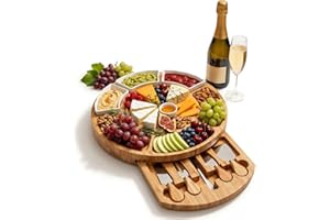 ZENFUN 13 Inch Bamboo Cheese Board and Knife Set, Round Charcuterie Boards with Bowls, Cheese Cutting Platter Serving Tray fo