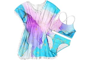 Goodstoworld 7-12Y Girls 3 Piece Cover Up Swimsuit Hawaiian Bikini Bathing Suit with Pompom Tassel