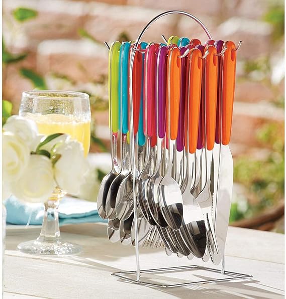 24 Piece Colourful Plastic Handle Bistro Cutlery Set with Hanging Stand