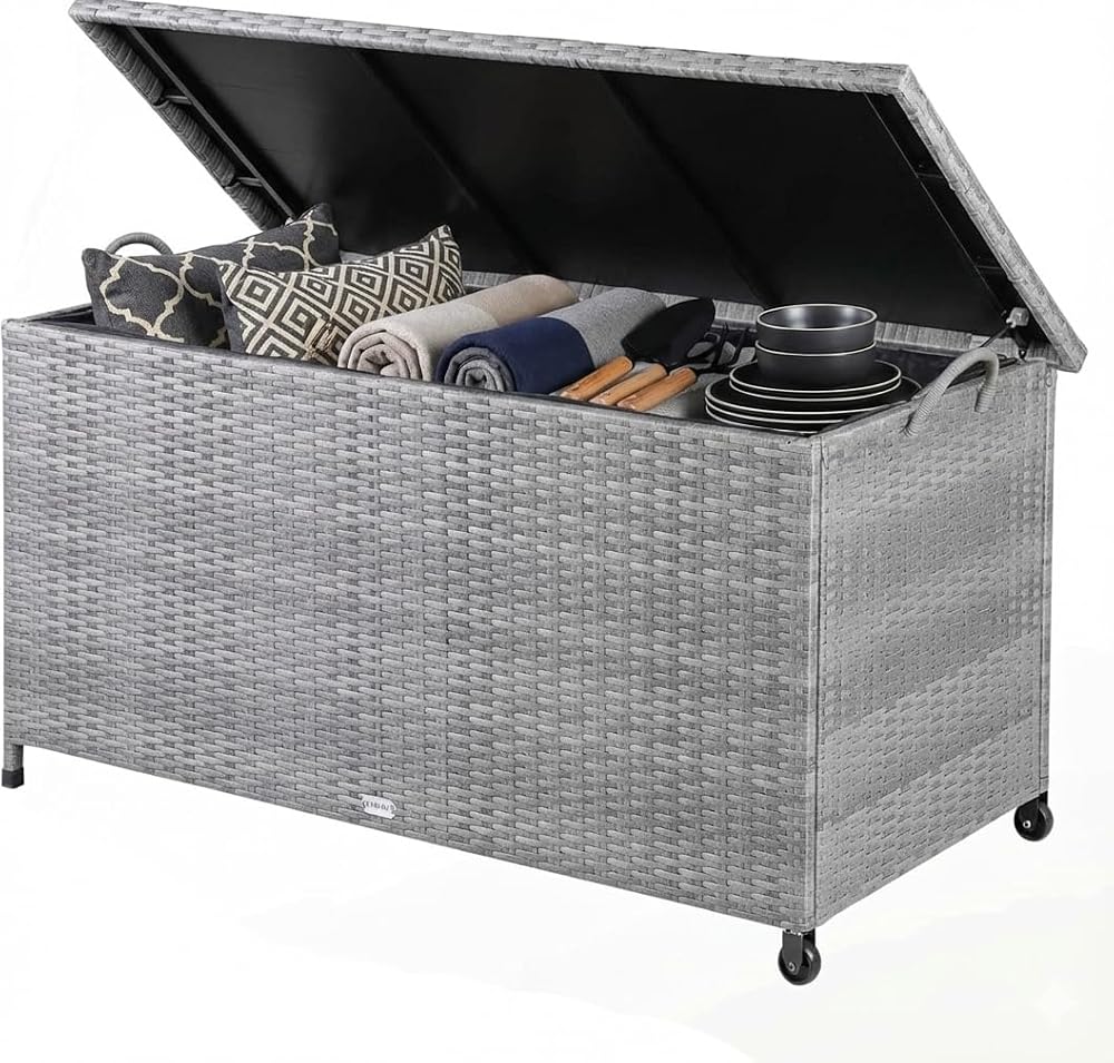 CASARIA 270 Litre Polyrattan Storage Box with Wheels Grey 117x53x60cm