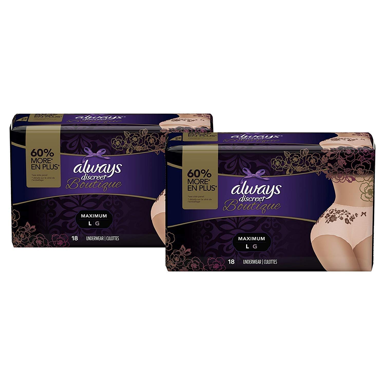 Always Discreet Boutique, Incontinence & Postpartum Underwear for Women, Disposable, Maximum Protection, Peach, Large, 18 Count- Pack of 2 (36 Count Total)