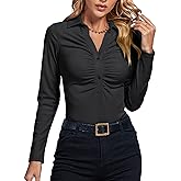 LYANER Women's Rib Knit Collar Deep V Neck Ruched Buttons Long Sleeve Bodysuit Leotard Top