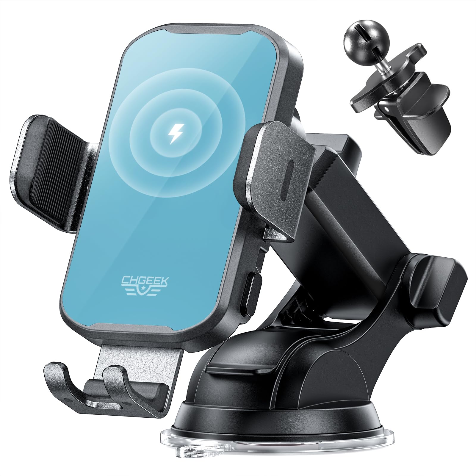 CHGeek Wireless Car Charger Phone Holder Mount, 15W Fast Charging Auto Clamping Phone Holders for Your Car Dashboard Windshield Air Vent Car Accessories for iPhone, Galaxy, Google Pixel etc