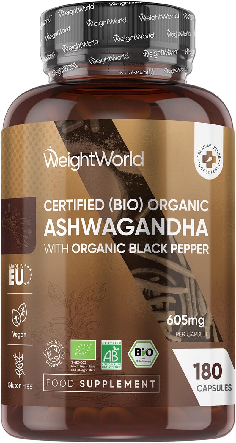 WeightWorld Organic Ashwagandha Capsules 600mg 180 Caps with Black Pepper