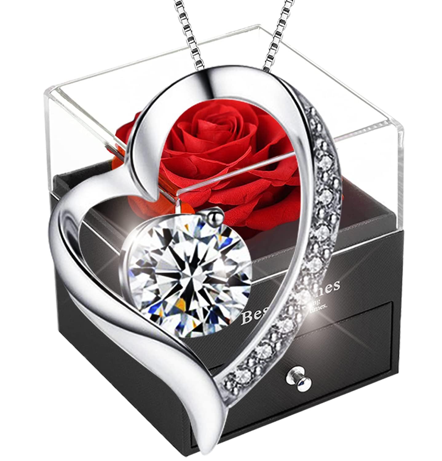 SWEETIME Forever Red Rose Gift Box with Necklace Real Eternal Rose with 925 Sterling Silver heart Necklace,Enchanted Flower Jewellery Gift for Her Mum Wife Women on Mothers day Anniversary Birthday. — image 1