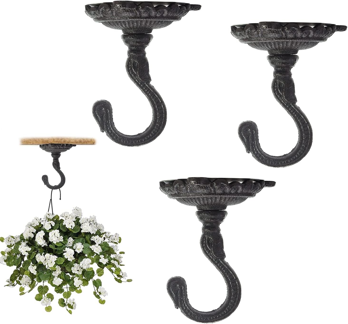 Outdoor Hanging Brackets - Sungmor Heavy Duty Ceiling Hooks for Hanging Plants, 3PC Black 3.5x3.9Inch Large Cast Iron Ceiling Hooks, Antique Decorative Ceiling Swag Hooks for Hanging Planter Chandelier Wind Chime Lantern Hanger