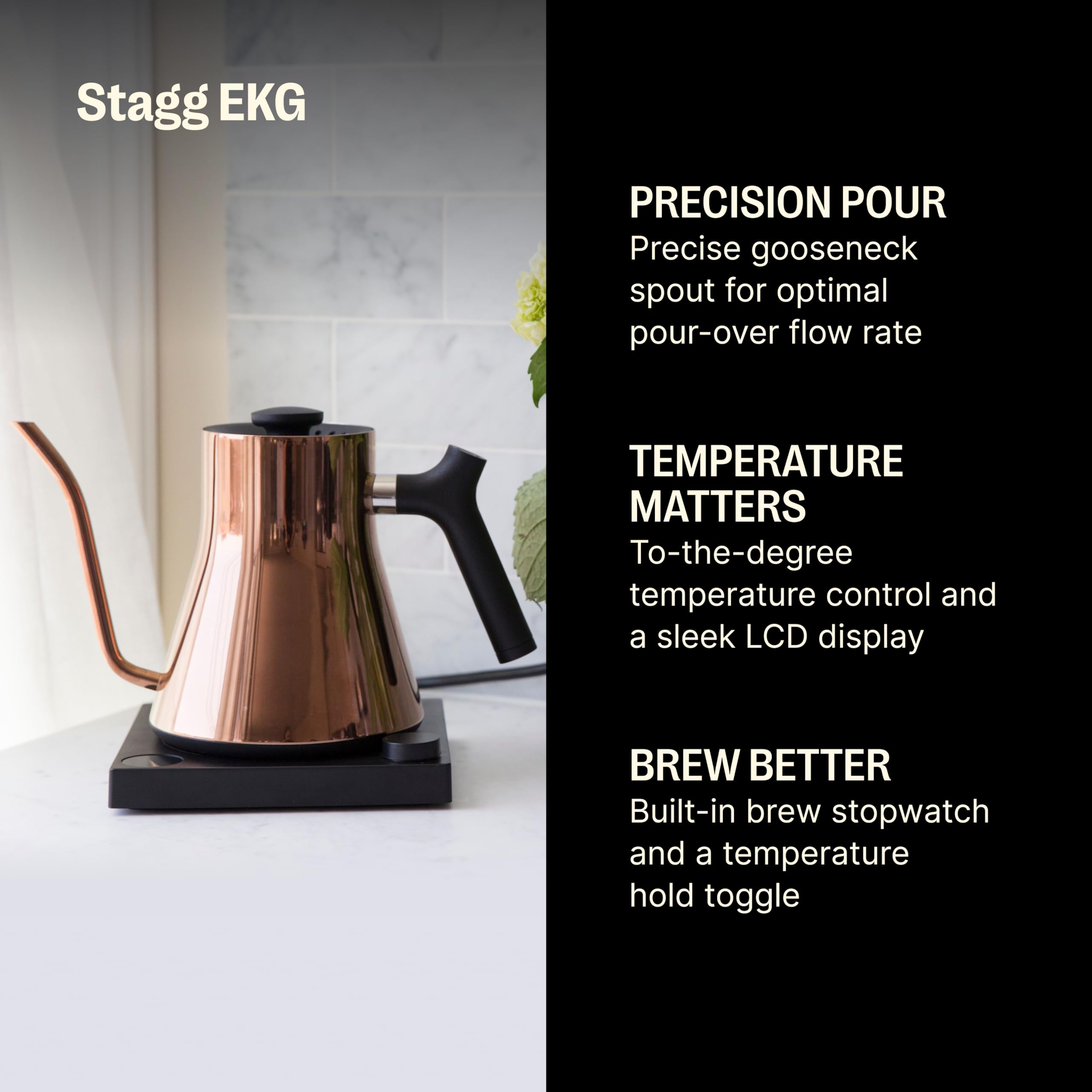 Fellow Stagg EKG Electric Gooseneck Kettle - Pour-Over Coffee and Tea Kettle - Stainless Steel Boiler - Quick Heating Electric Kettles for Boiling Water - Polished Copper