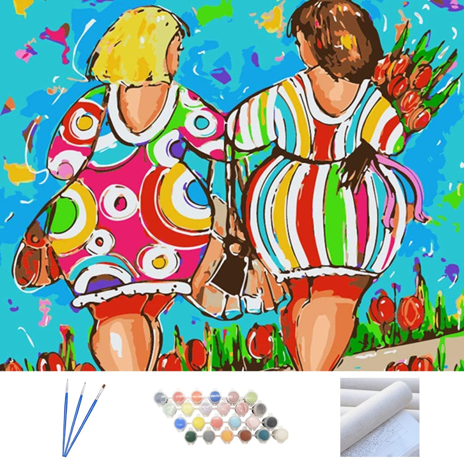 ABEUTY Paint by Numbers Kits Colorful Girls and Flowers with Frame, DIY Number Painting Canvas Wall Art 40x50cm (Wooden Framed, Flower)