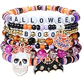 7pcs Halloween Bracelets for Women Heishi Surfer Bracelet Boho Stackable Stretch Halloween Jewelry with Spooky Pumpkin Charms Perfect Halloween Party Favors