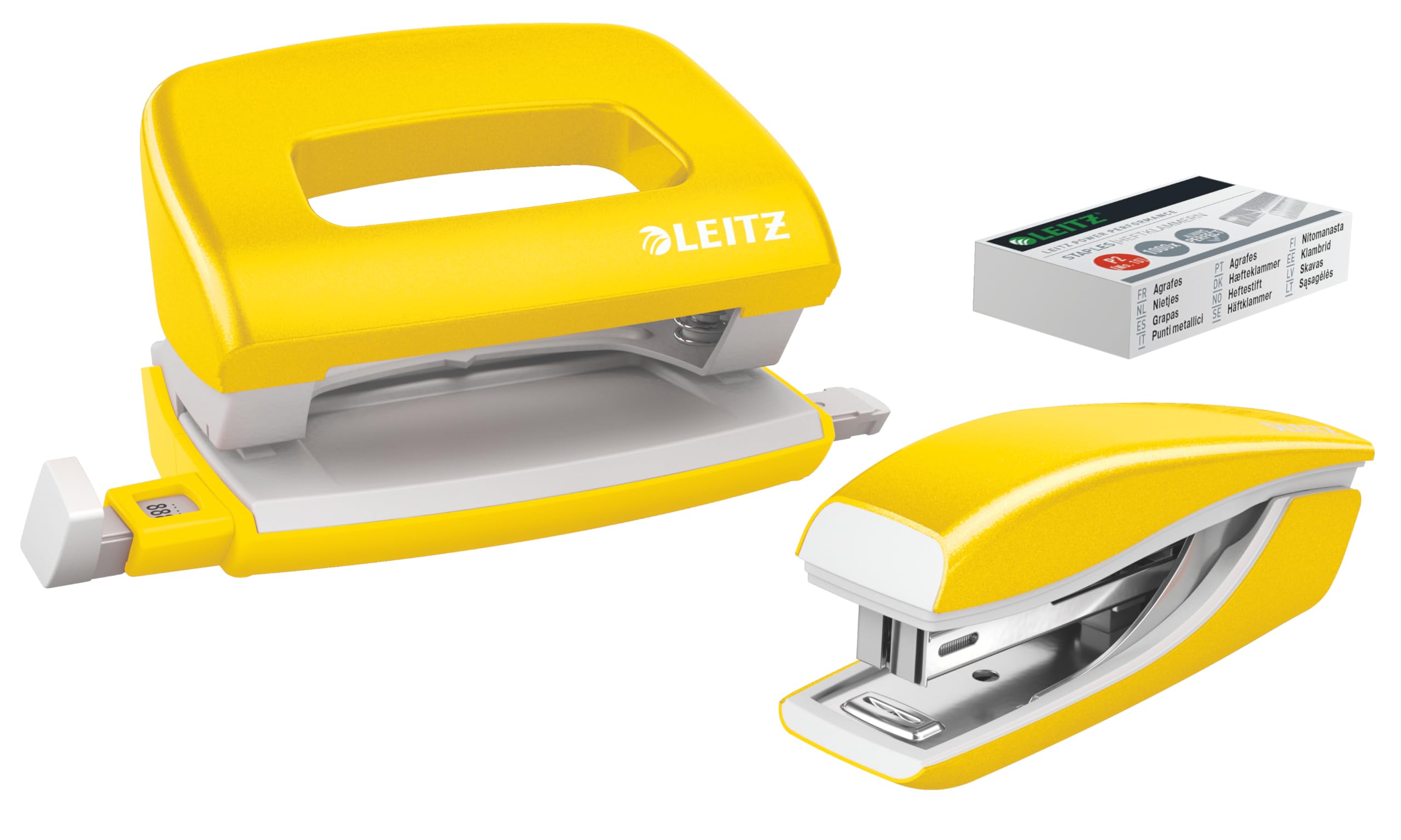 Leitz 55612016 Mini Stapler and Hole Punch Set, Staple or Punch Up to 10 Sheets, Includes P2 N°10 Staples, WOW Range, Yellow