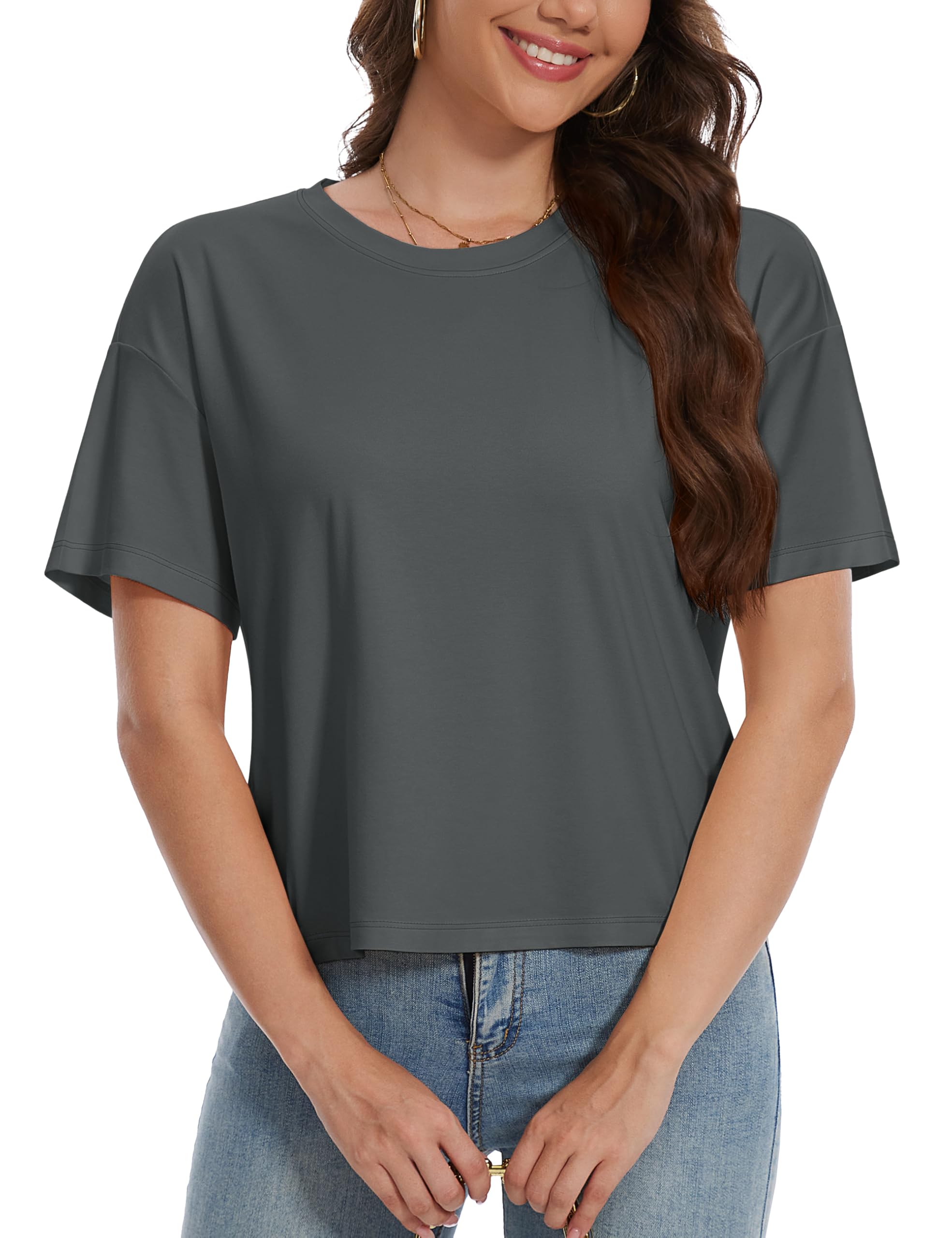 Photo 1 of YUCOLEN Women's Cropped T-Shirts Short Sleeve Drop Shoulder Round Neck UPF50+ Casual Summer Crop Tops Loose Cotton Tees Dark Grey, M