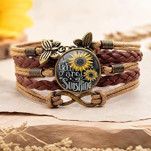 Boho Sunflower Leather Bracelet for Women, Adjustable Braided Wrap Bracelet with Butterfly Charm and Infinity Accent, Inspira