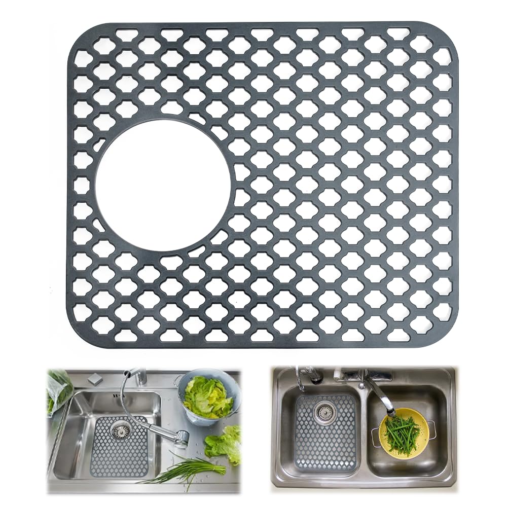 ADERTOS Silicone Sink Mat Folding Non-Slip Sink Protectors Kitchen Sink Protector Mat Silicone Mats Counter Protector for Bottom of Kitchen Sink, Dishes and Glassware Drain Mat - Grey, 34 x 29.5cm