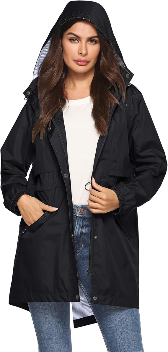Womens Raincoats Waterproof Cinch Waist Breathable All Weather Jacket Long Black Amazon.ca