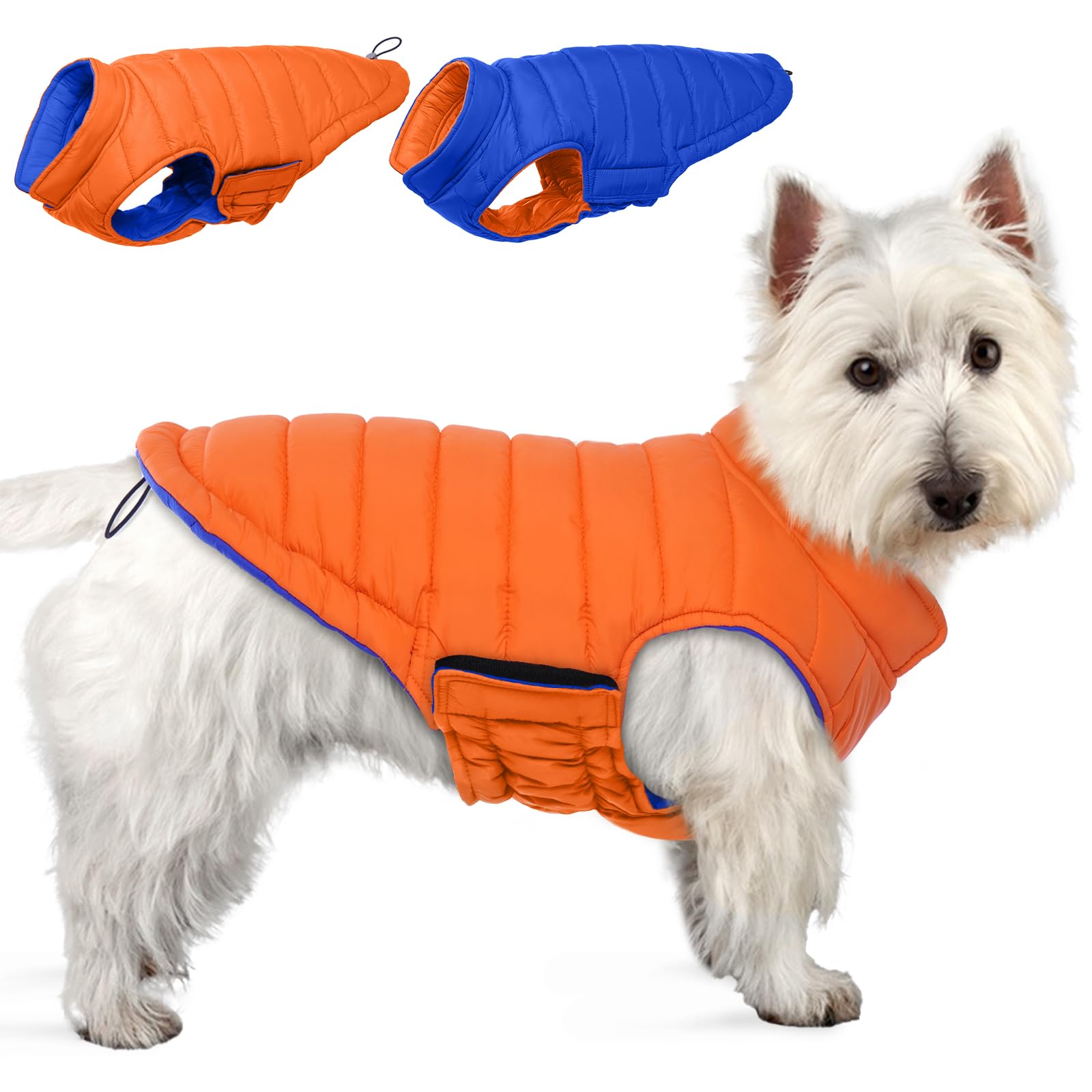 Lelepet Reversible Dog Winter Coat, Warm Waterproof Jacket for Small Dogs, Puppy Winter Puffer Jacket, Windproof Dog Vest, Easy on/Off, Orange XS