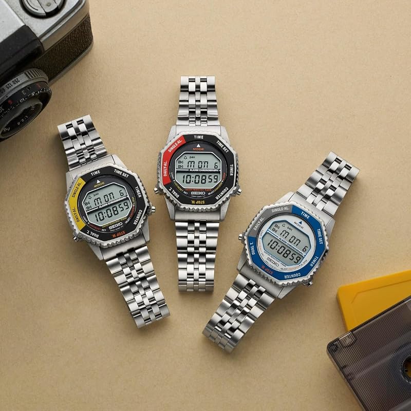 Orologio cronografo digitale classico da uomo, acciaio inossidabile, 37 mm, cinturino in acciaio inossidabile, argento, 10 bar, display LCD, due fusi orari, conto alla rovescia, allarme