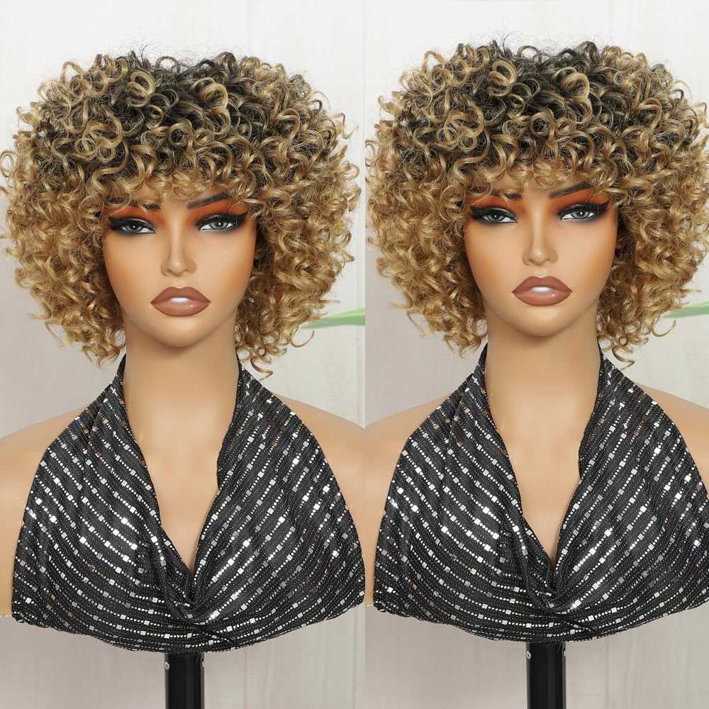 Photo 1 of UGORGEOUS Short Curly Wigs With Bangs Ombre Blonde Synthetic Curly Wigs for Black Women Synthetic Heat Resistant Fiber Fluffy Short Wig Afro Curly Wig