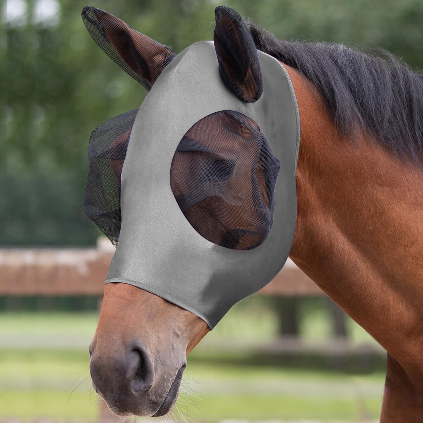 Adiwo Horse Fly Mask with Ears, Super Comfort Fly Masks for Horses - Full-Size, Breathable & Elastic Lycra, UV & Insect Protection, Large with Web Trim Eye Protection (Grey)