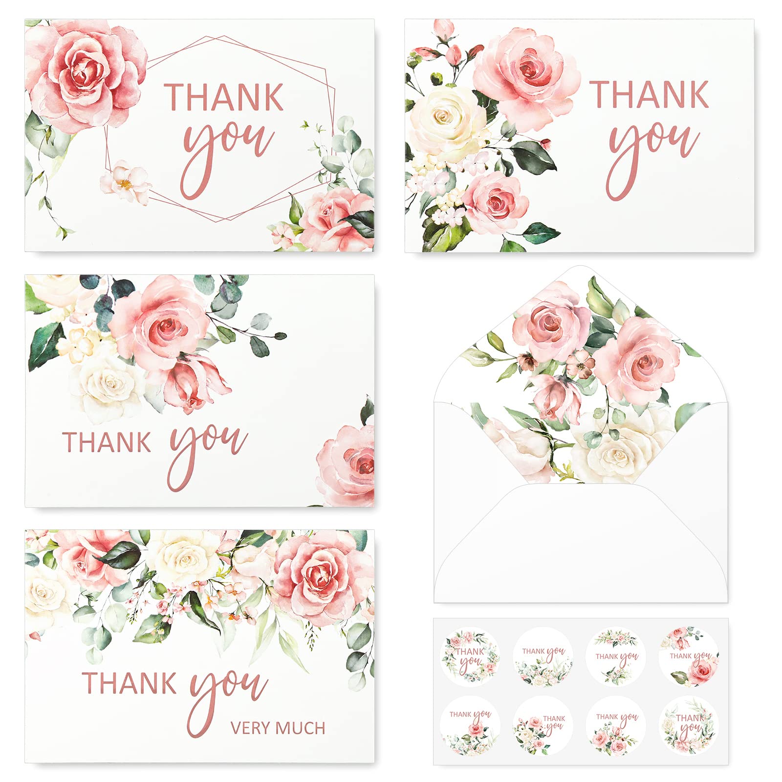 AnyDesign 32 Pack Thank You Cards with Envelopes Stickers Blush Floral Blank Note Cards Bulk 4 Design Flower Thank You Greeting Cards for Wedding Baby Shower Bridal Shower and All Occasions, 4 x 6"­