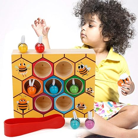 MojiDecor Bienen Holzspielzeug, Holz Bienen Spielzeug Klippkasten Montessori Geburtstag Pädagogisches Lernspielzeug für Kinde