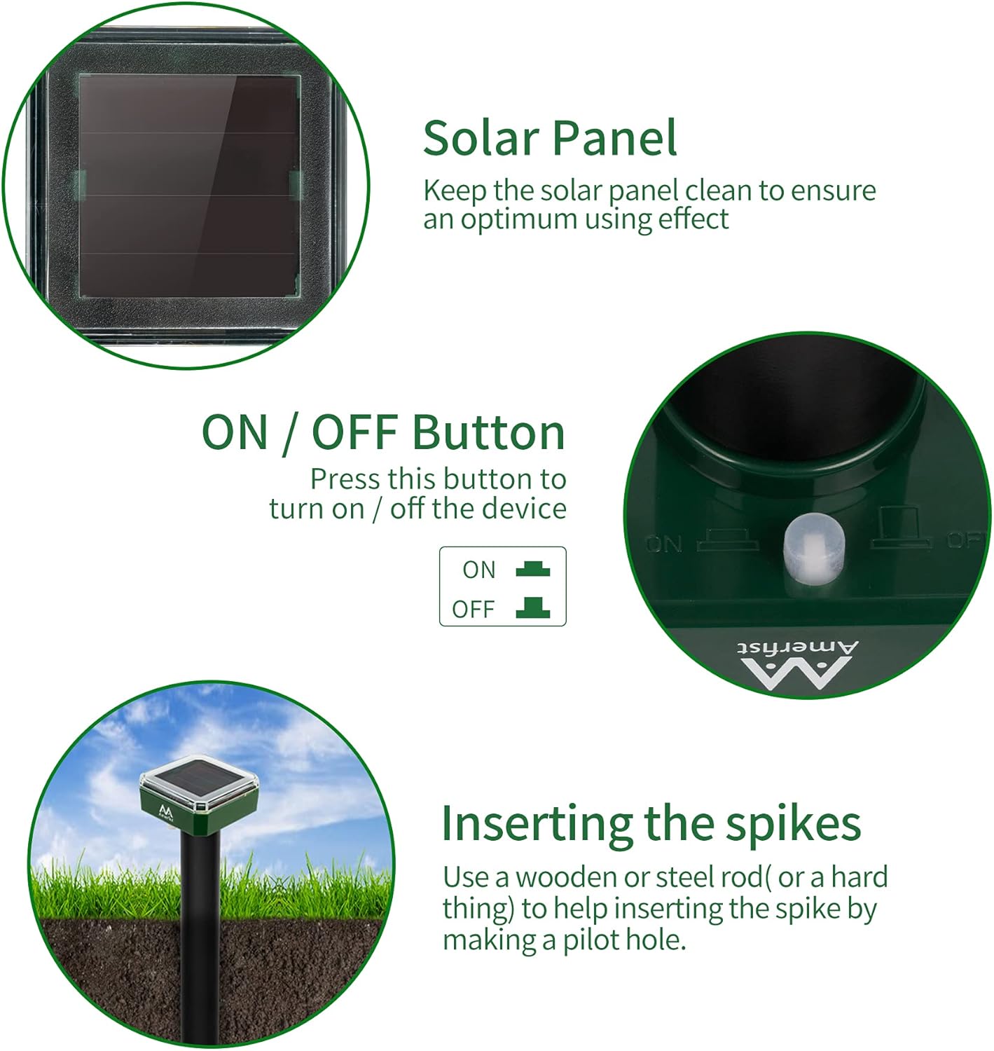 AMERFIST Mole Repellent Solar Powered – Solar Animal Repeller Stakes for Gopher, Moles, Groundhog – IP44 Waterproof Solar Mole Repellent Stakes for Farm, Garden, Lawn (4 Pack) : Garden & Outdoor