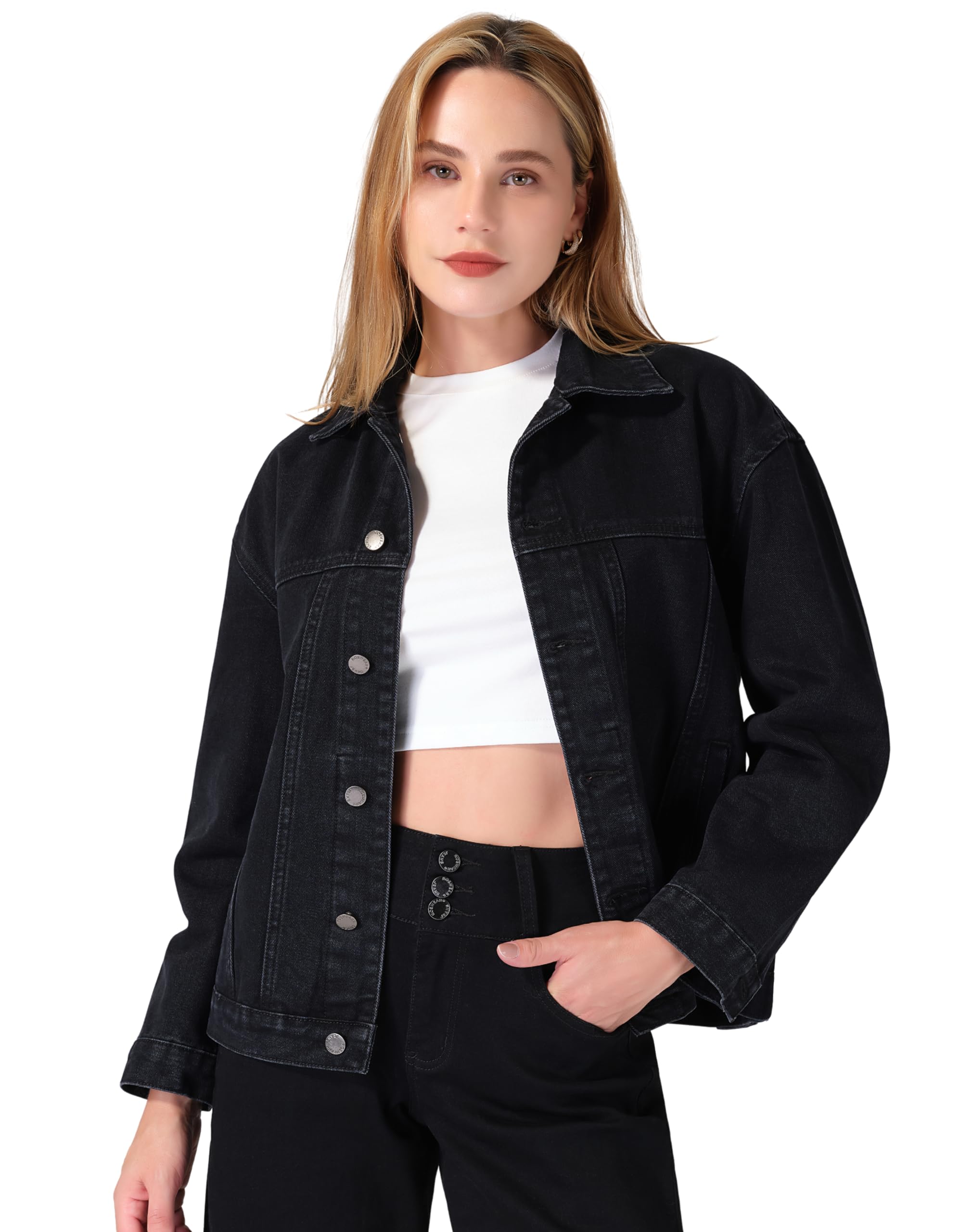 Photo 1 of roswear Women’s Denim Jackets Oversized Button Long Sleeve Washed Jean Trucker Jacket with Pockets Black Medium