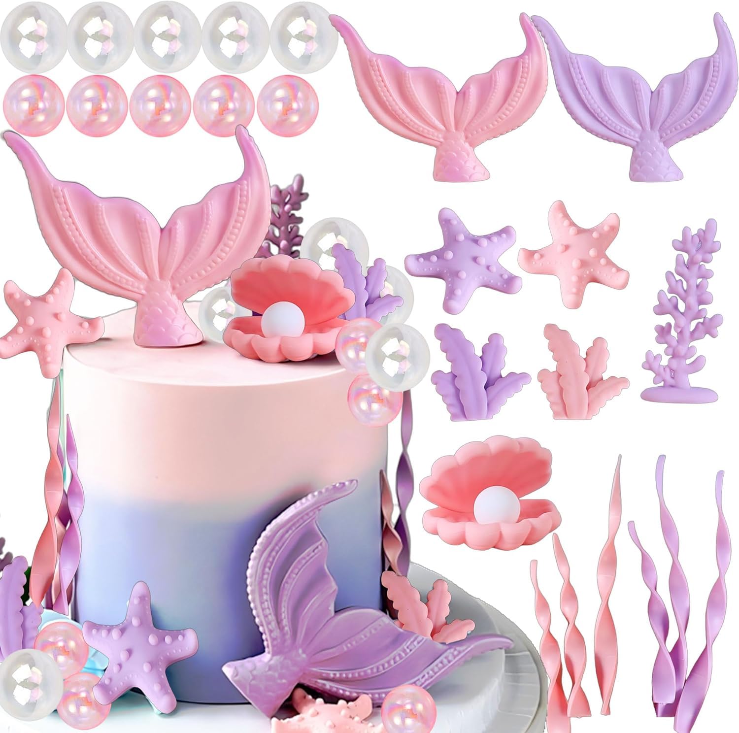Tyotrbs 24Pcs Mermaid Cake Topper Mermaid Cake Decorations Under the Sea Cupcake Topper Summer Cake Toppers for Mermaid Theme Party Cake Decorations (Pink)