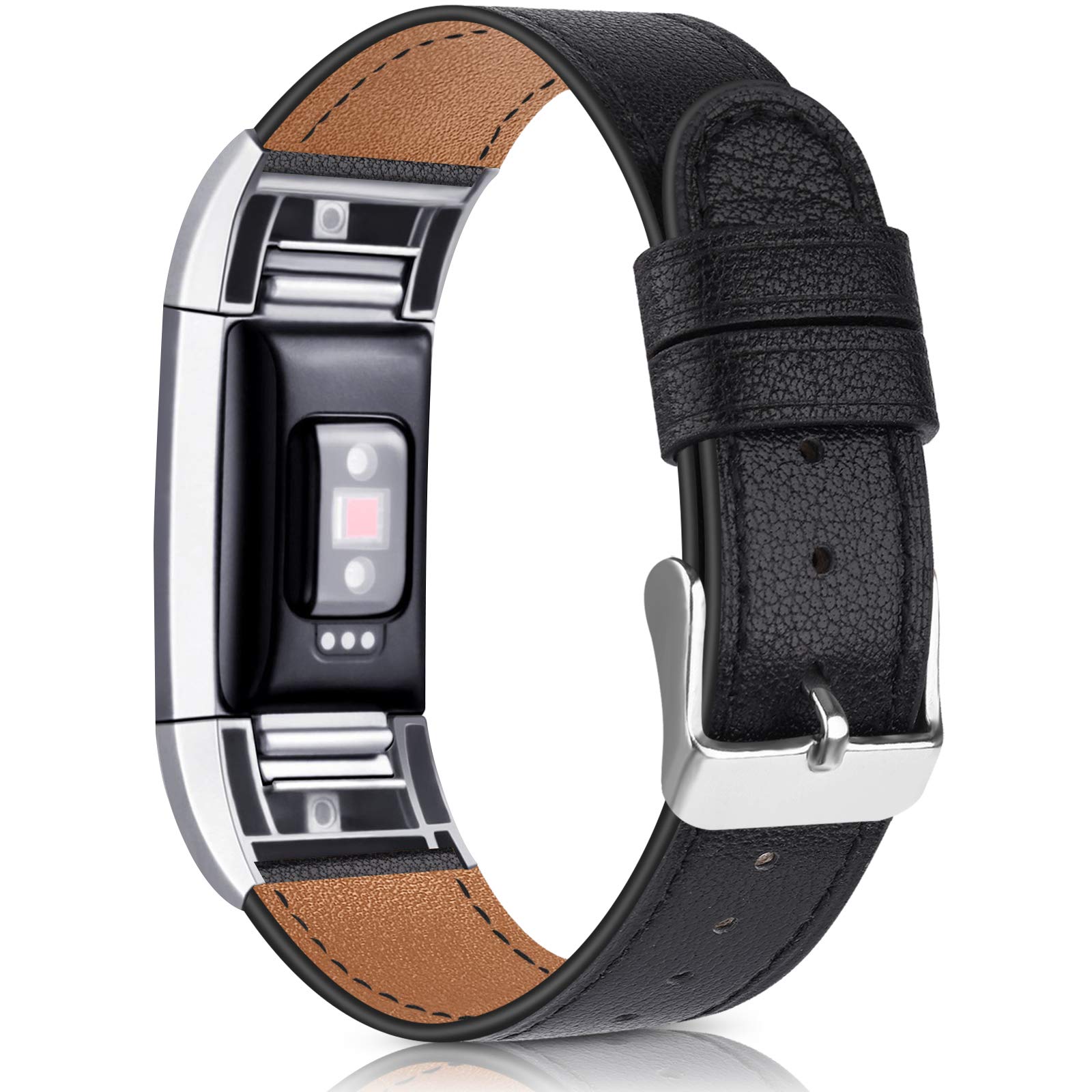 Wanme For Fitbit Charge 2 Strap Leather Straps, Classic Adjustable Replacement Straps with Metal Connectors for Fitbit Charge 2 (01 Black, 5.5" - 8.1")