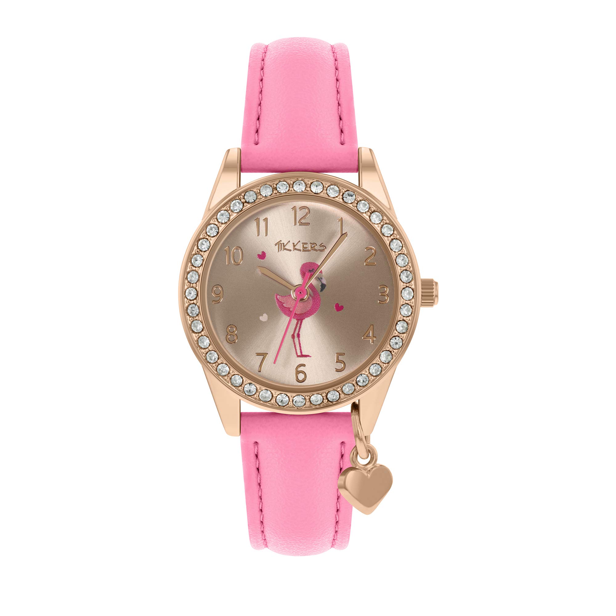 Tikkers Kids Pink PU Strap Heart Charm and Flamingo Dial Watch TK0188