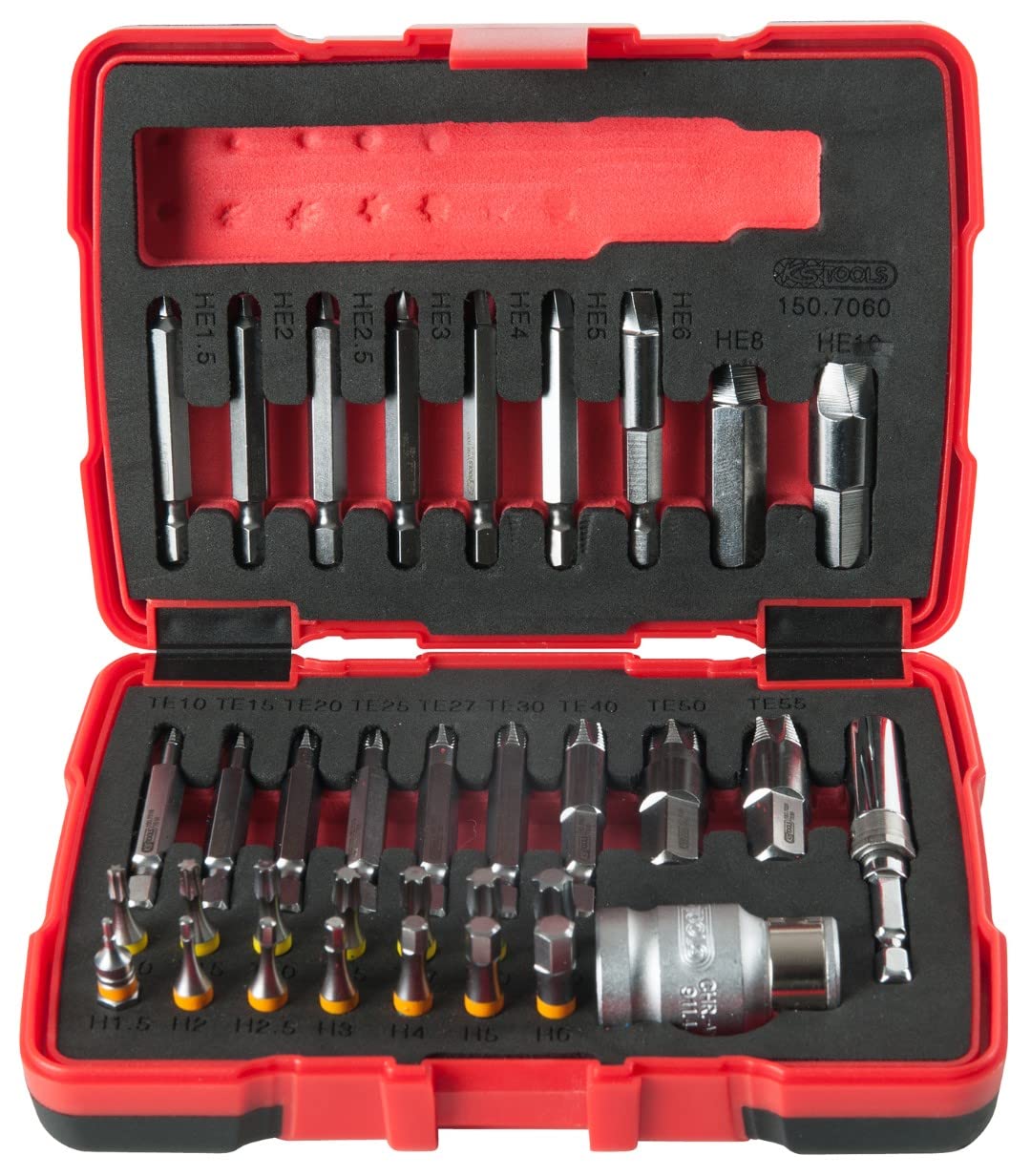 KS Tools 150.7060 1/4 Inch + 10 mm Torx and Allen Hex Socket Screw Extractor Set 34 Pieces