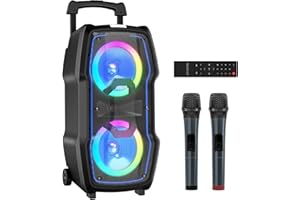 VeGue Karaoke Machine, Wireless Bluetooth PA System for Adults & Kids with Dual 8'' Subwoofers, 2 UHF Wireless Mics, Colorful LED Lights, Ideal for Home Karaoke, Party, Stage Performance (VS-0808)