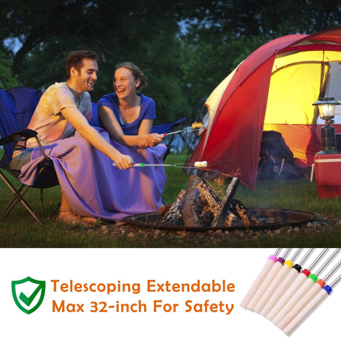 Marshmallow Roasting Sticks, Smores Sticks for Fire Pit with Wooden Handle, Stainless Steel Telescoping Roasting Sticks, 32 Inch Extendable BBQ Forks for Fire Pit, Campfire and Sausage BBQ Set of 8 : Garden & Outdoor
