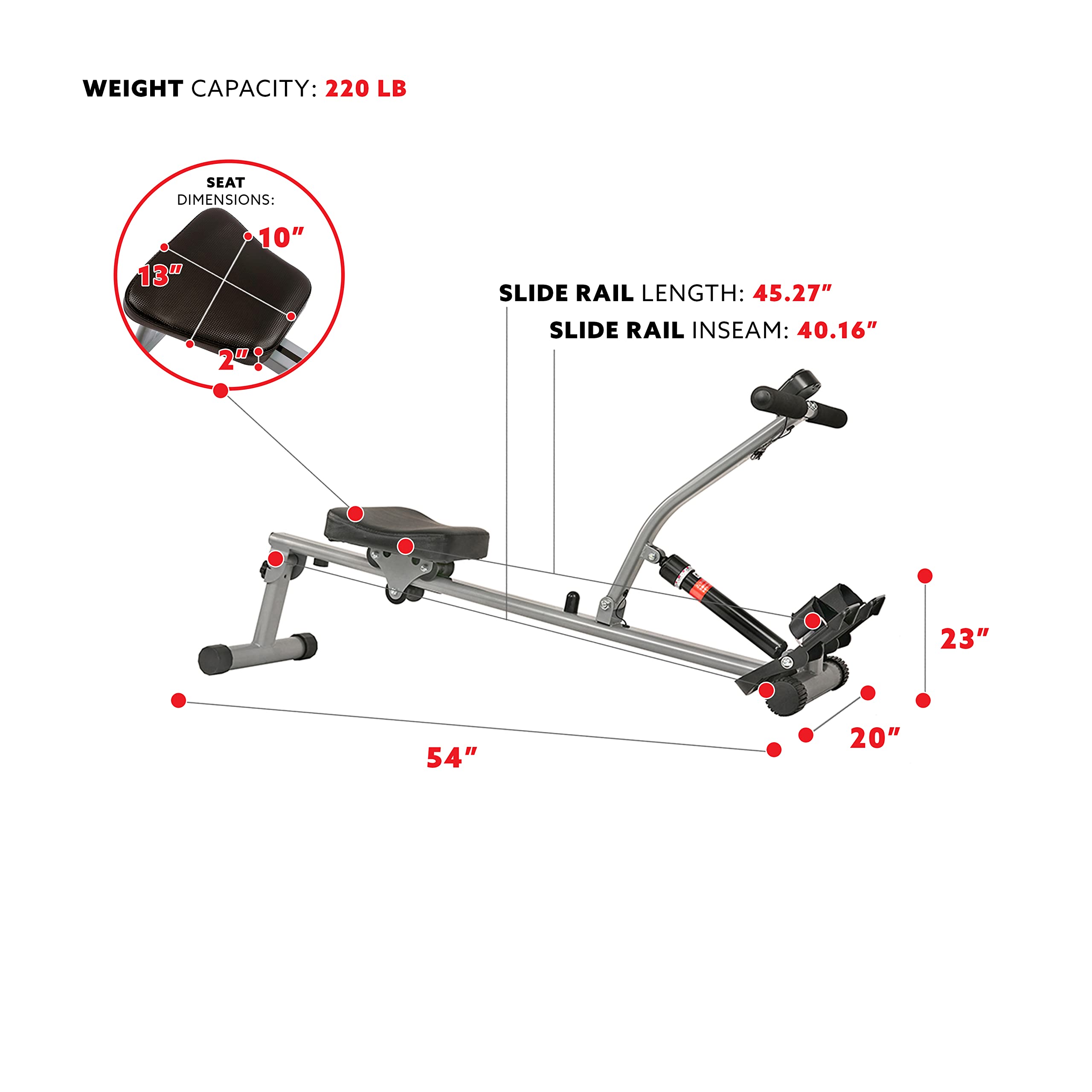 Sunny Health & Fitness SF-RW1205 Rowing Machine Rower with 12 Level Adjustable Resistance, Digital Monitor and 100 KG Max Weight