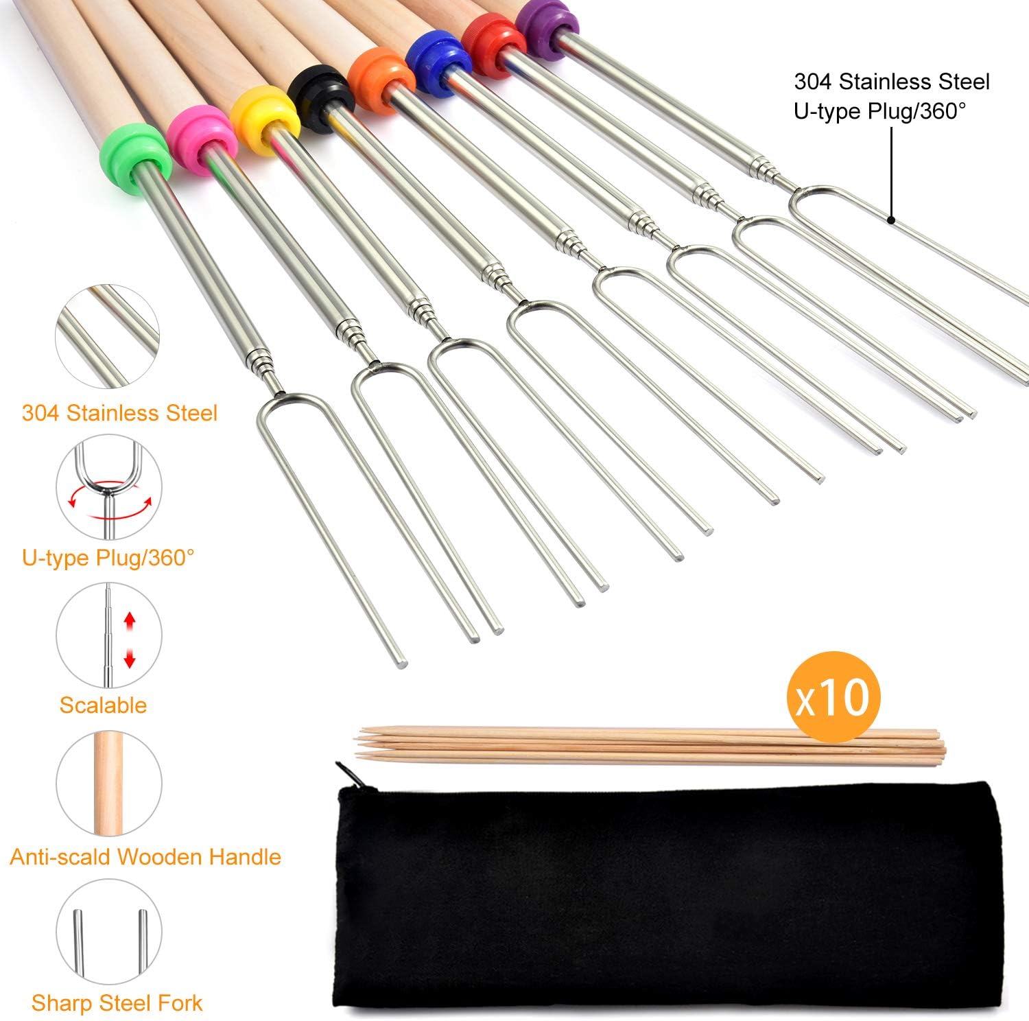 Newtion 8 PCS 32" Extendable BBQ Forks - Marshmallow Roasting Sticks with Wooden Handle, Telescoping Smores Skewers for Campfire Firepit : Garden & Outdoor