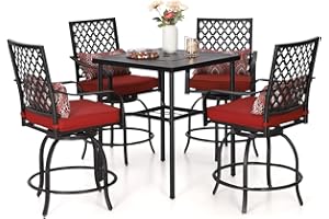 Sophia & William Patio Bar Set 5 Piece Outdoor High Dining Table and Chairs, Metal Furniture Set with 4 Swivel Bar Stools with Red Cushion and 1 Square Bar Height Table with 1.89'' Umbrella Hole