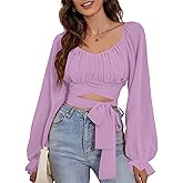 Rooscier Women's Ruched Wrap Square Neck Flounce Long Sleeve Self Tie Crop Top Blouse Solid Light Purple X-Large