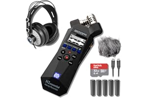 Zoom H1essential 2-Track 32-Bit Float Portable Audio Recorder with StreamEye Cans50 Headphones, Furry Microphone Windscreen, 5 AAA Batteries, USB-C Cable and 32GB microSD Card
