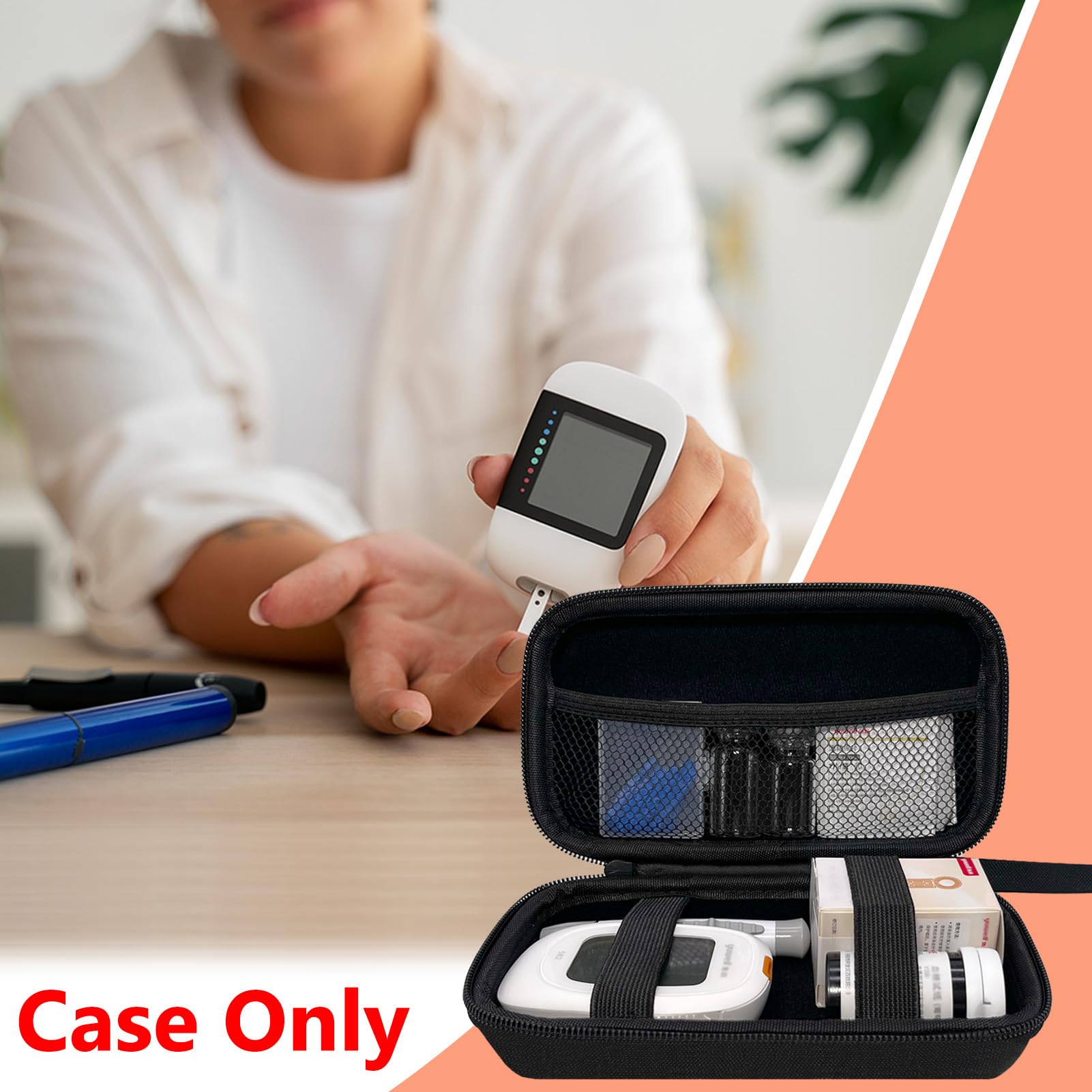 Diabetic Supplies Travel Case, Carrying Case Organizer For Diabetes Testing Kit, Blood Glucose Monitor Kit with Meter, Blood Sugar Test Strips, Lancets, Lancing Device, Alcohol Wipe (Case Only)